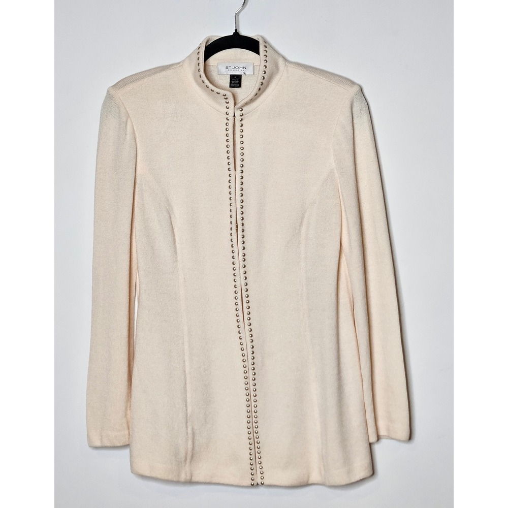 St. John Collection Wool Blend Knit Studded Career Ivory Neutral Cardigan Size 6